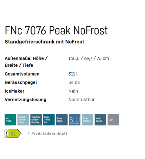 LIEBHERR利勃海尔FNc 7076 Peak独立式冰箱 无霜